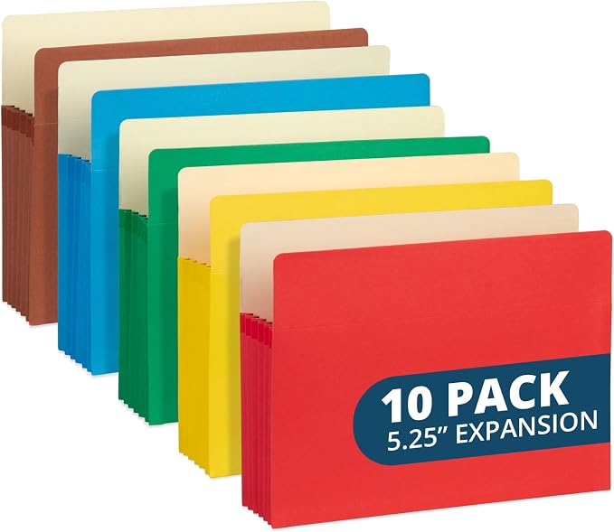 Blue Summit Supplies 10 Expanding File Pockets, Letter, 5.25", Assorted | 5.25 in expansion, assorted colors, accordion pockets, for documents, receipts, and file organization by BlueSummitSupplies