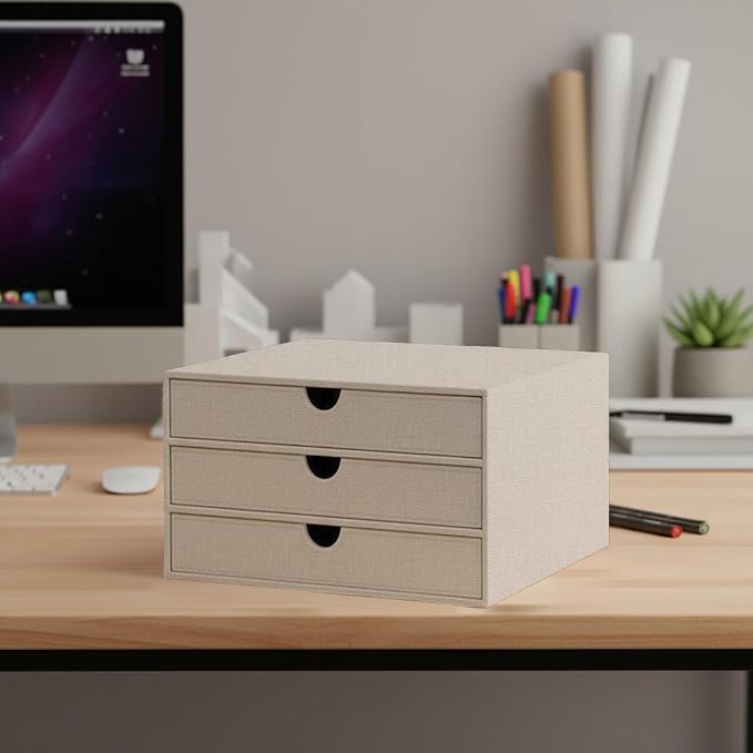 UnionBasic Document Organizer, 3-Drawer File Cabinet Document Storage Box, Office Desktop Filing Organizer, Beige - Image 2