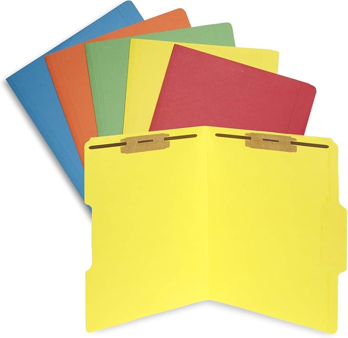 Blue Summit Supplies 50 Assorted Fastener File Folders, Letter, 2 Prong | Assorted colors, durable 11pt paper, letter size, 1/3 cut tabs, bonded 2 prong fasteners, medical and office files by BlueSummitSupplies