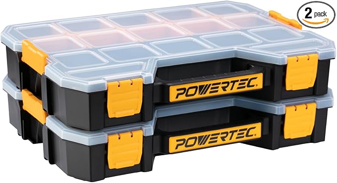 POWERTEC Stackable Tool Box Organizer with Removable Dividers - 17 Compartments, Interlocking, Portable Design, 2-Pack (72118-P2) by POWERTEC