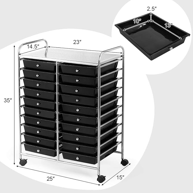 GOFLAME 20-Drawer Rolling Storage Cart, Multifunctional Art Craft Organizer Cart, Mobile Utility Storage Cart with Removable Drawers & Lockable Wheels, Craft Cart for Home Office School, Black - Image 3