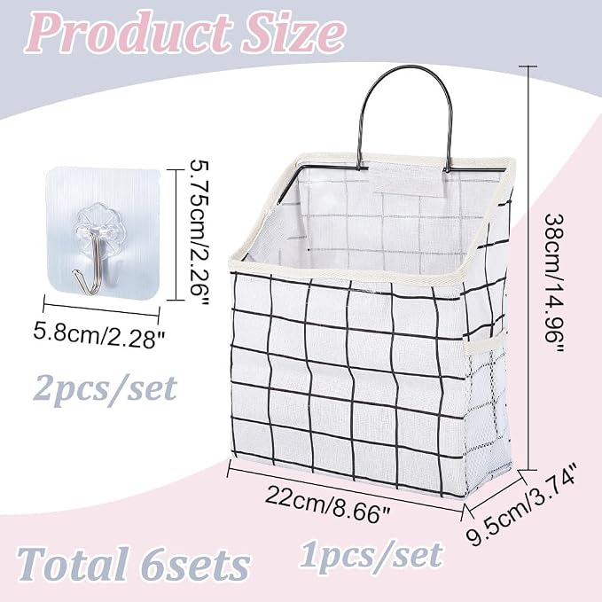 WADORN 6 Sets Wall Hanging Storage Bag, Multifunctional Door Closet Hanging Storage Basket with 6 Sticky Hooks Dorm Room Bedside Caddy Organizer for Bedroom Kitchen Bathroom, White - Image 2
