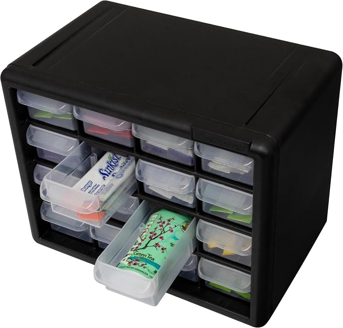 Akro-Mils 16-Drawer Plastic Storage Cabinet, 10.5"W x 6.5"D x 8.5"H, Black | Plastic Cabinet w/ Drawers for Garage Organization, Beads, Makeup Organizer, Building Bricks Storage, Teacher Toolbox, 10116 - Image 19