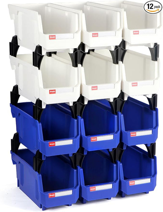 12 Packs Stackable Storage Bins, 11" x 5" x 5" Plastic Bins, | Space-Saving Parts Bin for Garage, Warehouse, Workbench, Hardware & Office by Shineyaplus