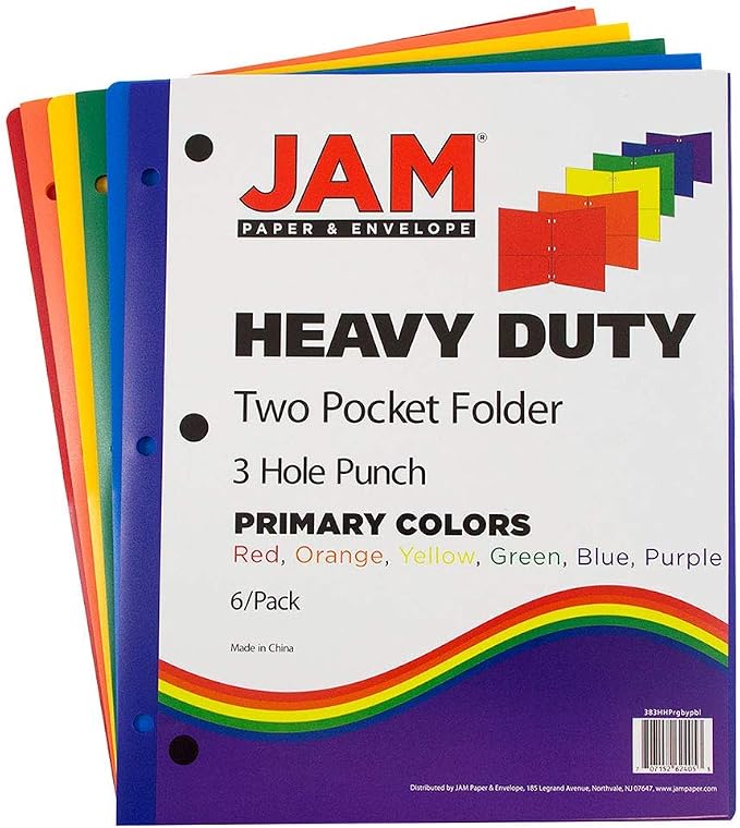 JAM PAPER Heavy Duty Plastic 3 Hole Punch Pocket Folders - Extra Tough School Folders - Assorted Primary Colors - 6/Pack - Image 2