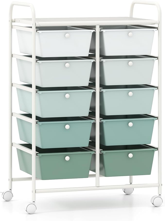 COSTWAY 10 Drawer Rolling Storage Cart, Utility Cart with Lockable Wheels | Mobile Art Supply Craft Organizer with Metal Frame, Multipurpose Drawer Cart for Paper for Office, School, Green Gradient by COSTWAY
