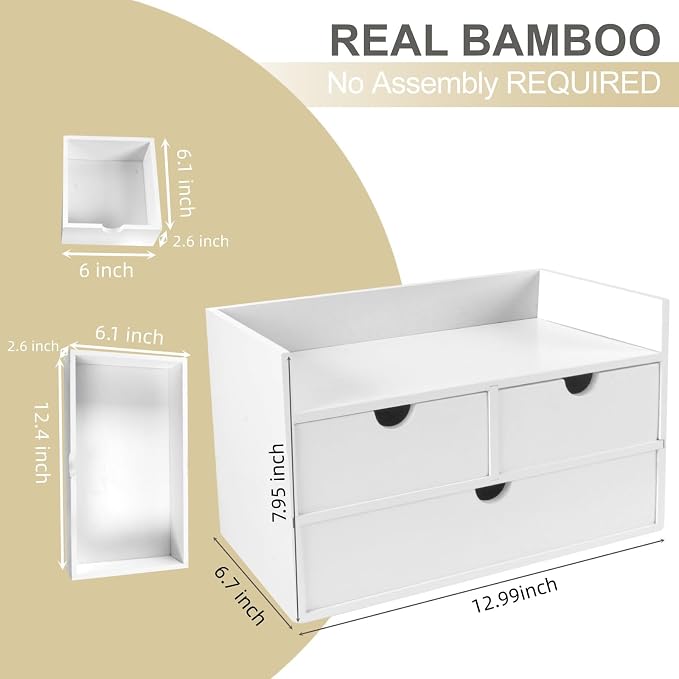 Charmewooden Bamboo Desk Organizer with 3 Drawers, Countertop Organizer with Drawers Makeup Storage Drawer 3 Drawer Tabletop Storage Organization Box Home Office Workspace（White） - Image 3