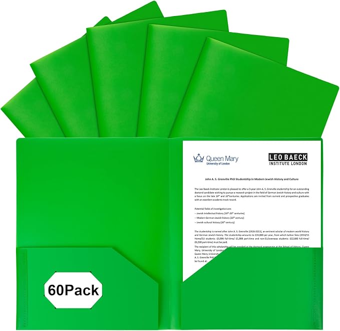 60-Pack Plastic Folders with Pockets,2-Pocket Poly Folders Holds 8-1/2" x 11" Paper for School/Office/Home, Green by EEHZTSIOFFICE