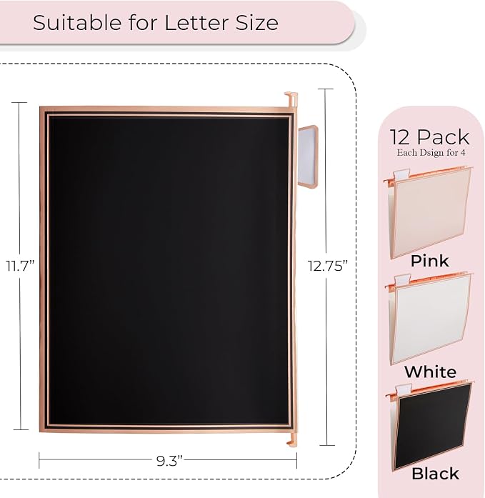 Y YOMA 1 Pack Rose Gold Desktop Hanging File Organizer | 12 Pack Rose Gold Pocket Hanging File Folders with Tabs & Insert | Letter Size Metal File Kit for Desk Home Office, I Shaped - Image 5