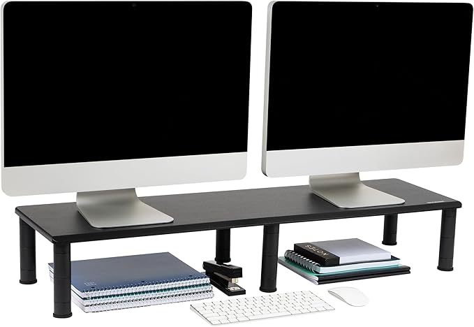 Mind Reader Dual Monitor Stand, Height Adjustable, Desktop Organizer, Laptop Riser, Office, 38.5"L x 11"W x 2.55-6.5"H, Black by MindReader