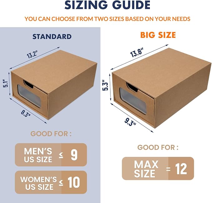 Shoe Boxes Cardboard, 12 Pack, Big Size, Waterproof, Heavy Duty, Stackable Shoe Storage Boxes, with Marking Labels, Transparent Window, 13.8" L x 9.3" W x 5.3" H - Image 2