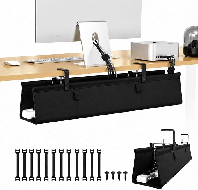 Under Desk Cable Management Tray 36", No Drill Clamp-On Design, Premium Oxford Fabric Cord Organizer Hides Power Strip & Messy Wires, Ideal for Home Office & Gaming Desk by Zovirel