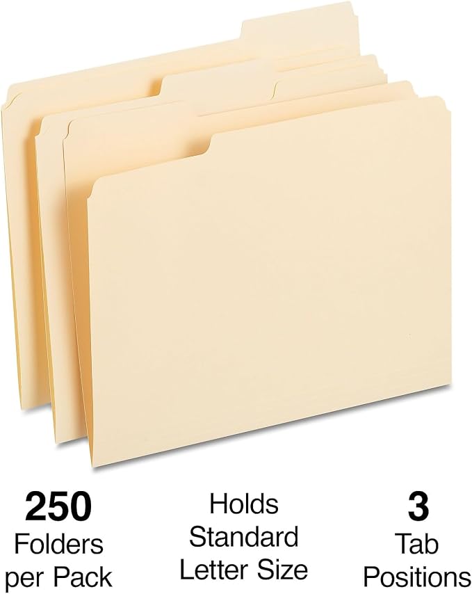 Staples File Folders, 1/3-Cut Reinforced Tab, Assorted Position, Letter Size, Perfect for Home, Office, Classroom, 250-Pack, Manila - Image 2