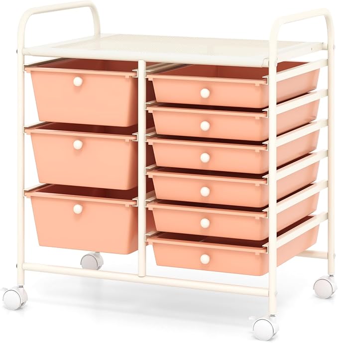 Moccha 9-Drawer Rolling Storage Cart - Under Desk Storage Drawers with wheels for Craft Art Supply Paper Salon, Scrapbook Paper Tools, Mobile Utility Cart for Classroom, Peach by LDAILY