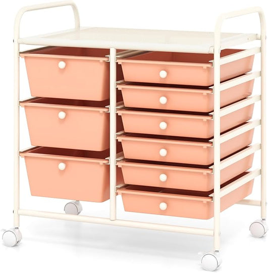 Moccha 9-Drawer Rolling Storage Cart - Under Desk Storage Drawers with wheels for Craft Art Supply Paper Salon, Scrapbook Paper Tools, Mobile Utility Cart for Classroom, Peach by LDAILY