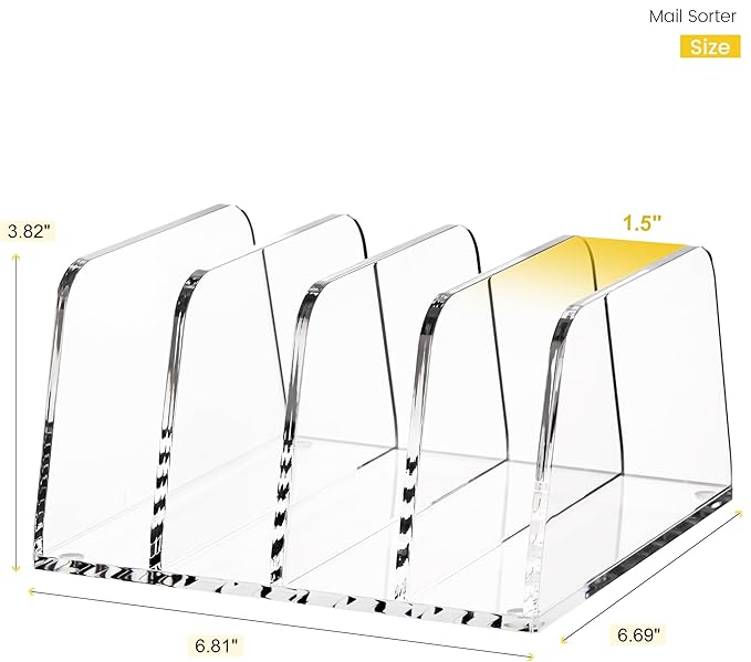 YUXUN Acrylic File Sorter,6.9"x6.6"x3.74",4 Sections Vertical Desk Organizer,Clear Mail Organizer File Holder Stand Rack Desk Accessories for Mail,Envelope,Letter,Notebook for Home/Office/Classroom - Image 3