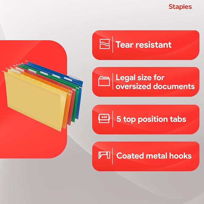 Staples Heavy Duty Reinforced Hanging File Folders, 1/5-Cut Tab, Legal Size, Assorted Colors, 25/Box (ST18657-CC) - Image 4