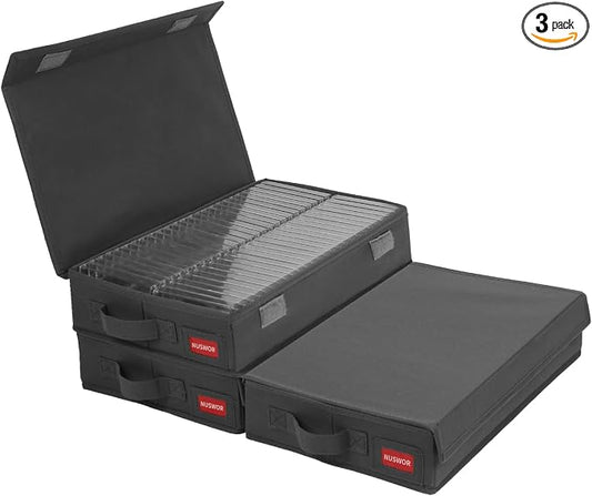 NUSWOR Cassette Tape Storage Box -Audio Cassette Holder 3Pack – Grey | Dust-proof Cassette Racks with Lid - Holds 144 Cassette Cases - 16.34 x 9.25 x 3.4 Inches by NUSWOR