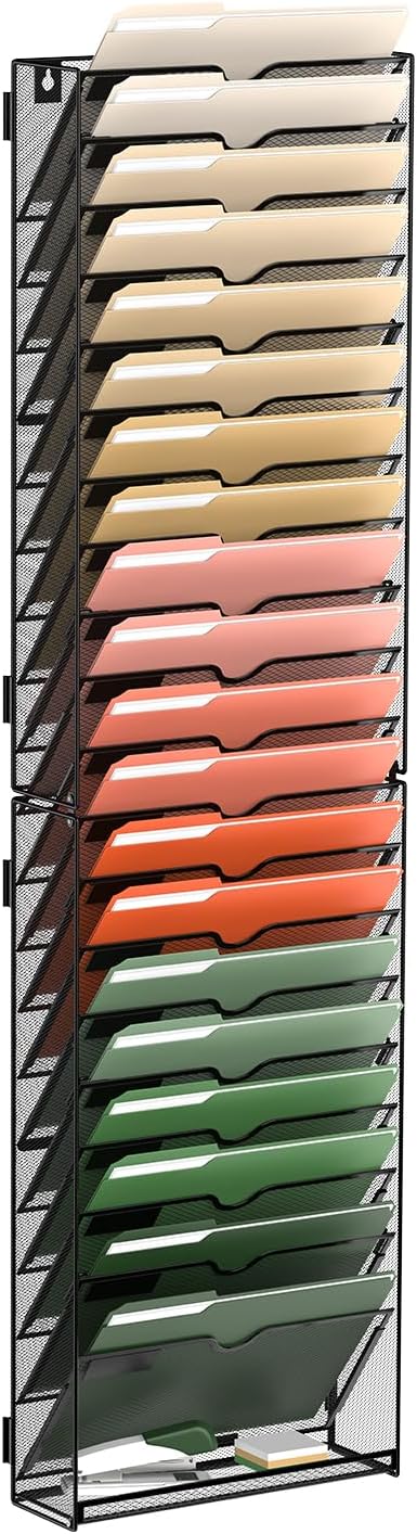 21 Tier Wall File Organizer, Hanging Wall Mounted Mail Organizer with Label Slots, Metal Mesh File Holder Magazine Rack for Office, Home, School or Classroom, Black by SUPEASY