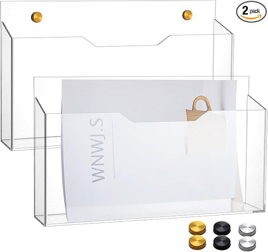 Feifeiya 2Pcs Clear Acrylic File Holder Wall Mount Mail Magazine Organizer File Holders with Screw Wall Office Document Storage Magazine Brochure(14"x8.3"x2.4",Widening Horizontal,Clear) by Feifeiya