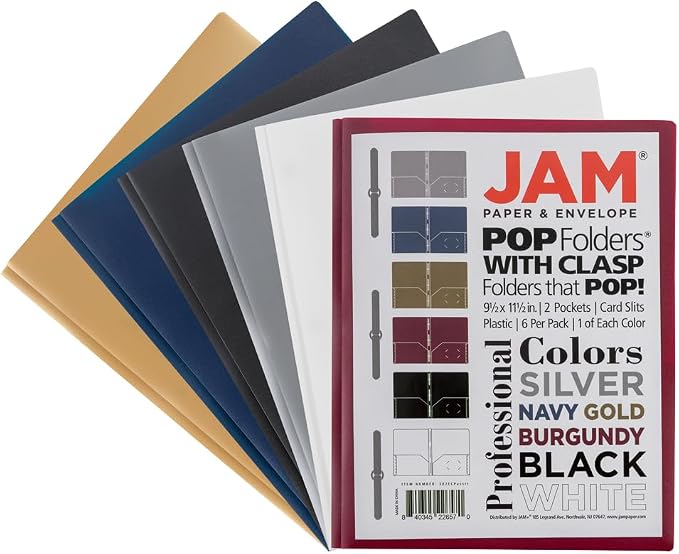 JAM PAPER Plastic Color POP Folders - 2 Pocket Durable Folders with Metal Prongs Fastener Clasps - Assorted Professional Colors - 6/Pack - Image 8