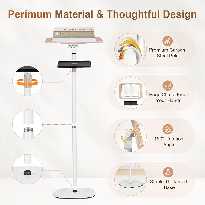2-in-1 Floor & Desktop Music Book Stand, Adjustable Height 19.7-51.2 in | Dual-use Detachable Reading Stand, Features Storage Tray and Page Clips for Sheet Music, Laptops & Cookbooks - Image 7