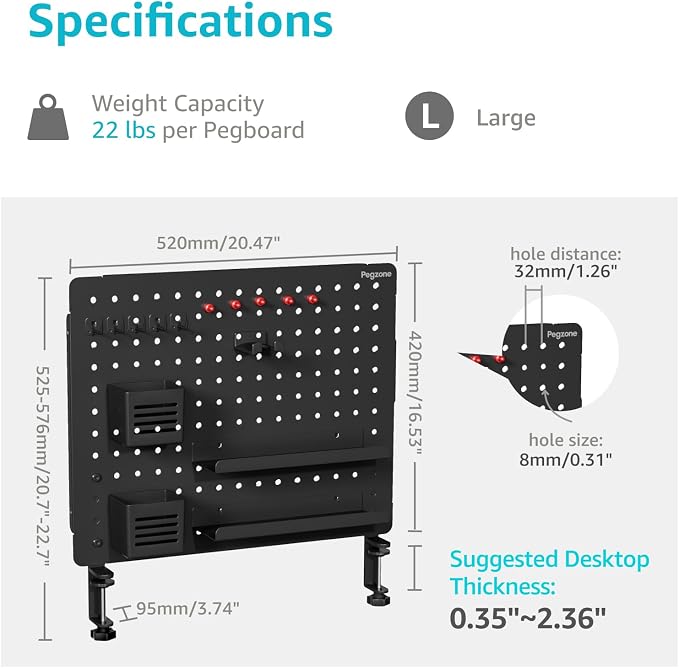 Clamp on Desk Pegboard, 20.4" x 16.5", with 15 Accessories, Black | Magnetic Metal Peg Board, Desk Organizer for Office Gaming Home, Privacy Panel, Large - Image 6