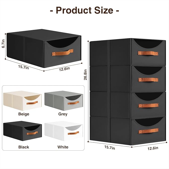 Stackable Storage Drawers - Large Collapsible Storage Bins with Drawers, 6 Pack Closet Shelf Organizer Basket, Fabric Pull Out Organizer for Bedroom, Living Room, Dorm, Black - Image 3
