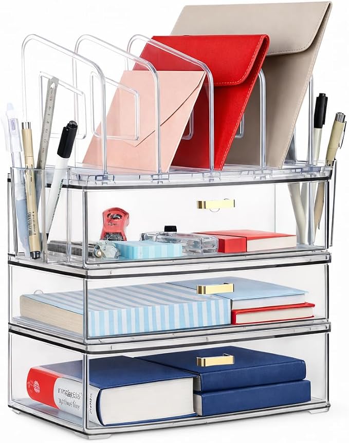 LALOBLUE Acrylic Desk Organizer with 4-Vertical File Holder Rack, 3-Clear Drawer and 2 Pen Holders, Desktop Storage for Office Desk Accessories School Classroom Organization (Clear) by Laloblue