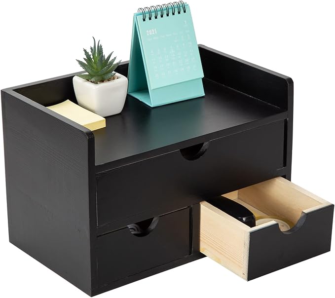 Black Bamboo Desk Organizer Wooden Storage Cabinet 3 Drawers with Shelf Tabletop Organization Box Home Office Workspace Bathroom Toiletries Supplies Caddy Vanity Makeup Stationery Holder - Image 4