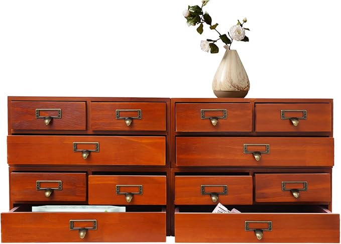 Stackable Wooden Desk Storage Box, 12 Drawers Tabletop Organizer, Brown | 4-Pack Countertop Apothecary Cabinet, Vintage Library Card Catalog Storage Cabinet with Metal Label Handles for Office Home - Image 5