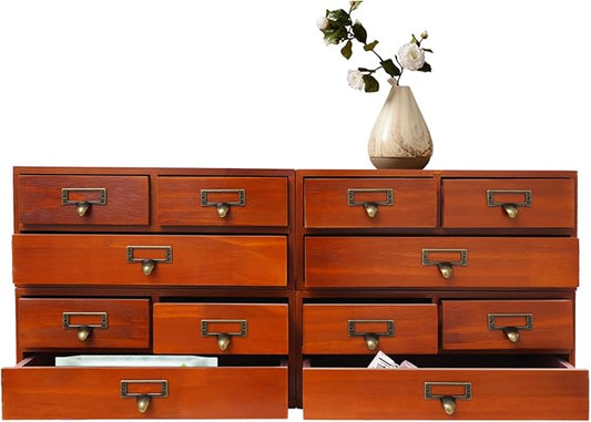 Stackable 4 Pack Pine Wood Desktop Storage Organizer with 3 Drawers, Brown Tabletop Drawer Box with Metal Handles, Space Saving for Office Study Living Room Coffee Bar (Brown) by Unknown