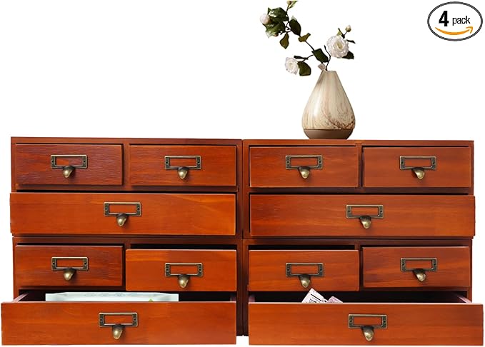 4 Pcs Vintage Desktop Organizer Set, Wooden 3 Drawer Storage Cabinets with Metal Handles & Label Slots, Stackable Apothecary Chest for Office, Herb, Tea, Jewelry and Stationery Organization (Brown) by Unknown