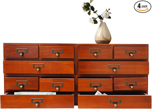 4 Pcs Vintage Desktop Organizer Set, Wooden 3 Drawer Storage Cabinets with Metal Handles & Label Slots, Stackable Apothecary Chest for Office, Herb, Tea, Jewelry and Stationery Organization (Brown) by Unknown