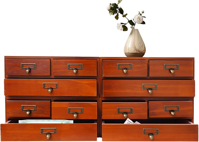 Wooden Desktop Organizer, 3 Tier Tabletop Storage Cabinet with 12 Drawers Composable Four-Piece Set & Metal Handles Modular Stackable Desktop Apothecary Cabinet for Home Offices Schools (Brown) by Unknown