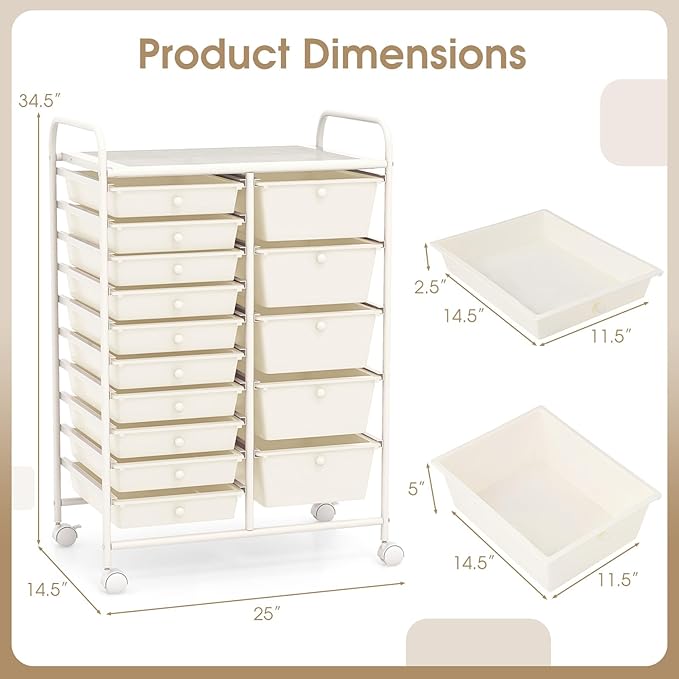 Moccha 15-Drawer Rolling Storage Cart - Under Desk Storage Drawers with wheels for Craft Art Supply Paper Salon, Scrapbook Paper Tools, Mobile Utility Cart for Classroom (15 Drawers, White) - Image 2
