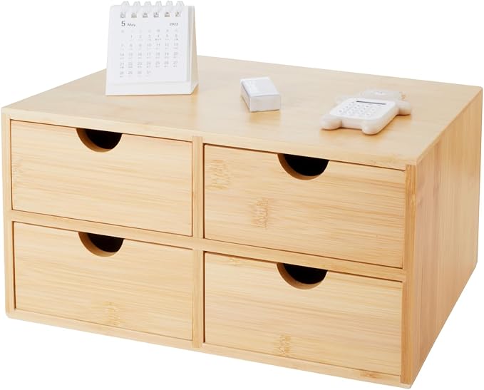 Bamboo Desk Organizer 4 Drawers, Countertop Organizer with Drawers Makeup Storage Drawer 4 Drawers Tabletop Storage Organization Box Home Office Workspace by Charmewooden