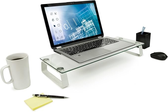 Mount-It! Glass Monitor & Laptop Riser Stand, 22", 44 lbs | Clear flat screen display stand with desktop shelf and organizer, glass and aluminum construction. - Image 2