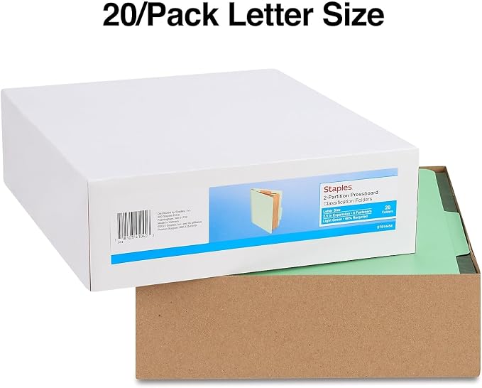 Staples Pressboard Classification Folder, Letter Size, 2 Dividers, 2/5‑Cut Top Tab, Green, Durable Construction, 20/Box - Image 3