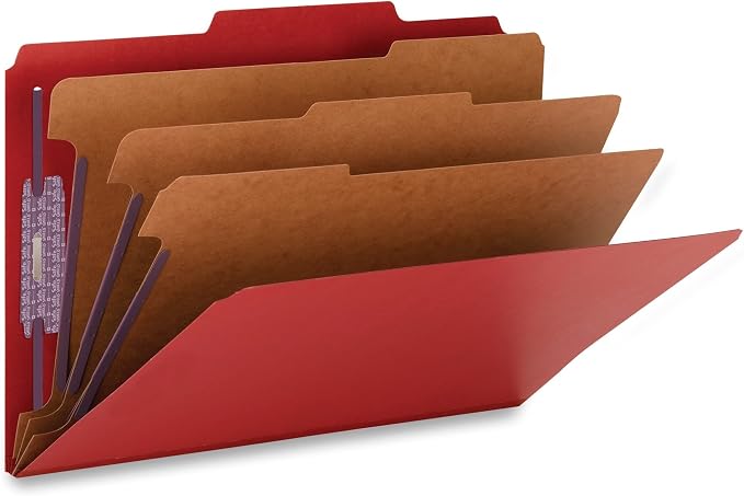 Smead Pressboard Classification File Folder with SafeSHIELD Fasteners, 3 Dividers, 3" Expansion, Legal Size, Bright Red, 10 per Box (19095) (Pack of 1) by SMEAD