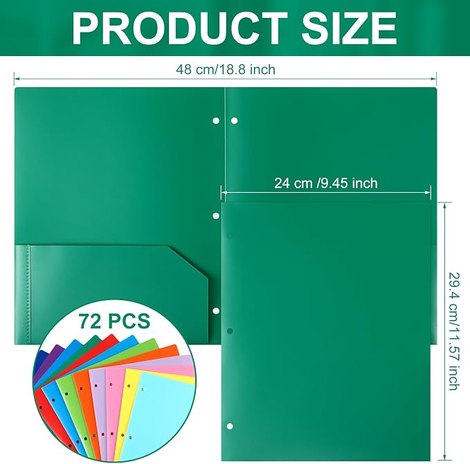 Cholemy 72 Pack 2 Pocket Folders with 3 Holes Punch Plastic Folder for 3 Ring Binder Heavy Duty Folders Pocket Folders for Letter Size Paper, Office(Assorted Colors) - Image 2