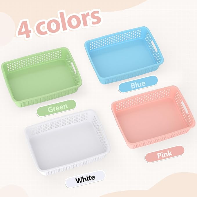 8 Pack Classroom Storage Baskets 15''x10''x3'' Large Plastic Paper Trays with Handle Letter Size A4 Paper Toy Basket Turn in Trays for Library Office Desk Drawer Organizing (8, Pastel Color) - Image 2