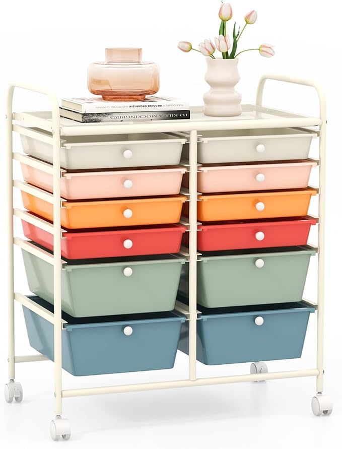 GOFLAME 12-Drawer Rolling Storage Cart, Multipurpose Organizer with 2 Sizes Plastic Drawers, Mobile Utility Cart with Lockable Casters for Home, Office, Beauty Salon, School, Macaron Color by GOFLAME