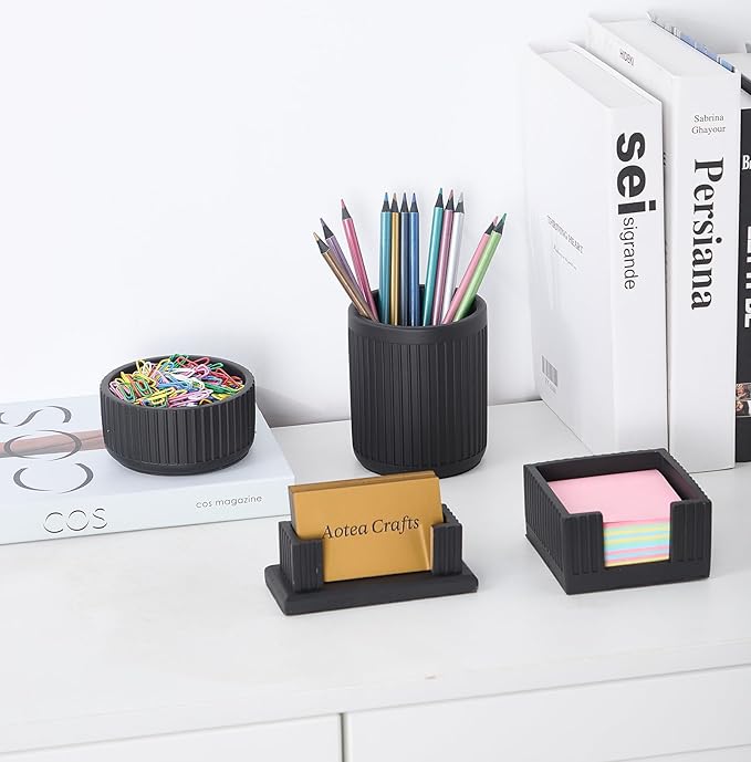 Set of 4 - Concrete Desk Accessories For Modern, Industrial, Minimalist Office Decor- Aesthetic Desk Organizers Accessories For Women or Men- Pen, Business Card Holder & Sticky Note, Paper Clip Holder