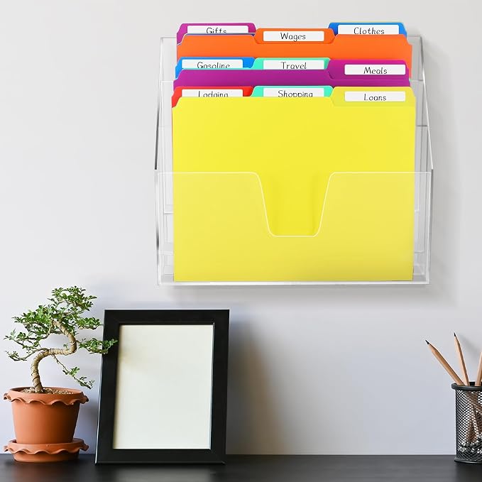 Estune Acrylic Vertical File Organizer, Horizontal Triple File Folder Holder, Paper Desktop Storage, Box for Countertop Office, Includes 12 Pack Folders, 1/3 Cut Tab with Folder Letter Size and Labels - Image 5