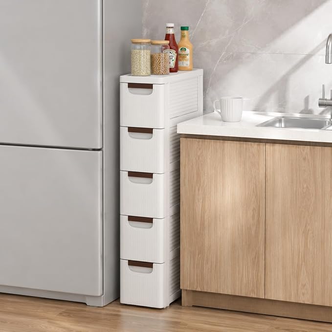 POWERSTONE 5-Drawer Plastic Storage Cart, Narrow Organizer Rolling Cart with 4 Wheels, Space-Saving Slim Mobile Utility for Bathroom, Office & Classroom - Image 4