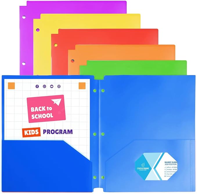 ShyLizard 6Pack Folders with Pockets,Plastic 2 Pocket Folders, Pocket Folders with 3 Holes for Letter Size Documents, Heavy Duty Plastic 2 Pocket for School Home Work and Office, Assorted Colors by WelcomeToShyLizard