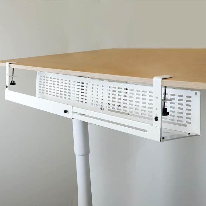 AEONS Under Desk Cable Management Tray Kit - Horizontal Adjustable up tp 41” Desk Organizer Removable C Clamp Mount Reversiable Computer Cord Raceway and Modesty Panel for Large Table, White/Beige - Image 2