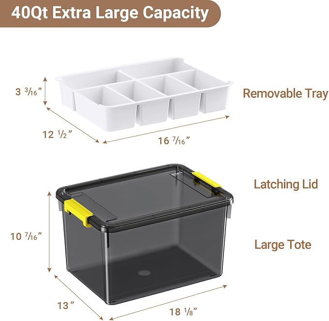 40Qt Stackable Storage Bins with Lid Tray Craft Box Organizer, 1Pack,GY | Clear Plastic Latching Boxes Organizers with Dividers Portable Containers for Arts & Crafts, Home Office Classroom Car Trunk - Image 2