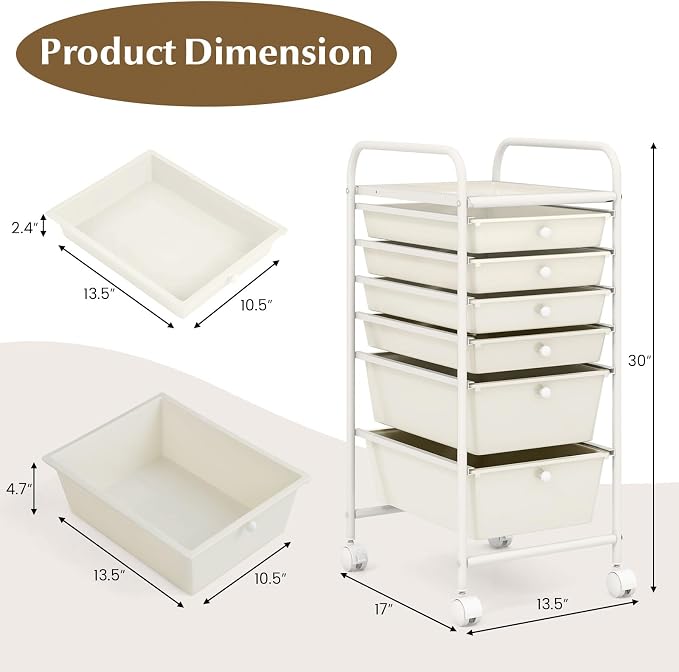 COSTWAY 6-Drawer Rolling Storage Cart, Art Craft Tools Organizer on Wheels | Multifunctional Heavy Duty Utility Mobile Storage Trolley w/ 2 Lockable Wheels for Home Office School (White) - Image 3